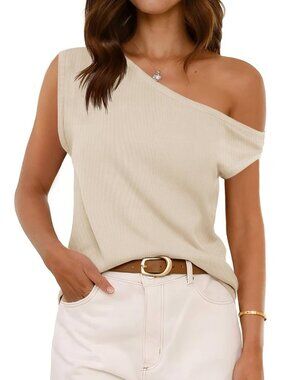 Women's  Beige Ribbed Off One Shoulder Slouchy Short Sleeve Tee Top